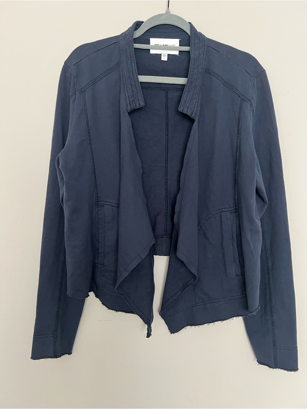 William Rast Navy Blue Raw Hem Boho Open Blazer Jacket Pockets 100% cotton Sz L